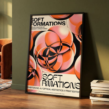 Soft Orbit Forms, pink, orange, black abstract wall art displayed in a styled interior, gallery view 4