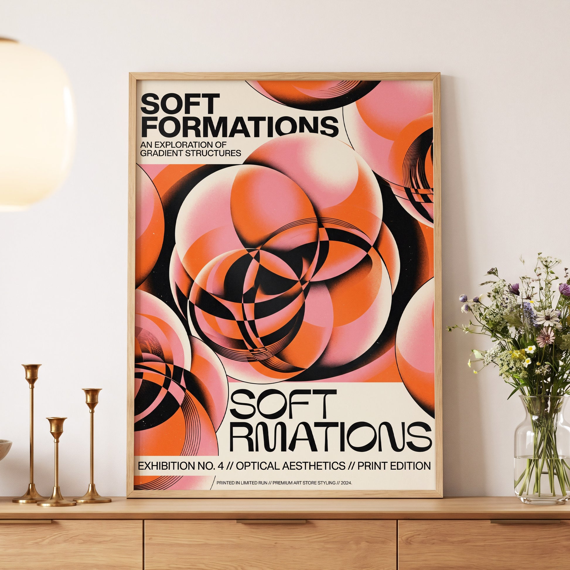 Soft Orbit Forms, pink, orange, black abstract wall art displayed in a styled interior, gallery view 5