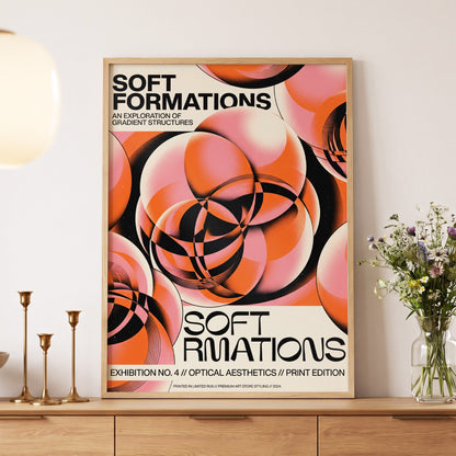 Soft Orbit Forms, pink, orange, black abstract wall art displayed in a styled interior, gallery view 5
