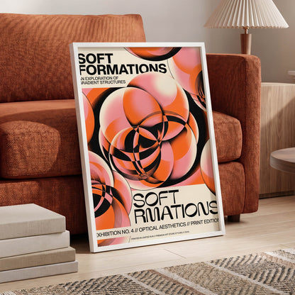 Soft Orbit Forms, pink, orange, black abstract wall art displayed in a styled interior, gallery view 6