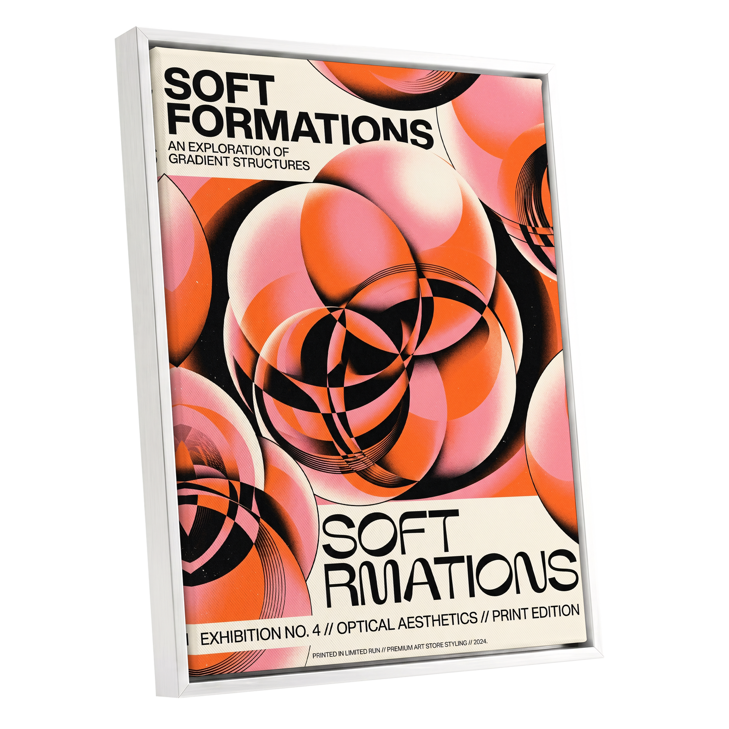 Soft Orbit Forms, pink, orange, black abstract wall art shown as a white framed canvas wall art