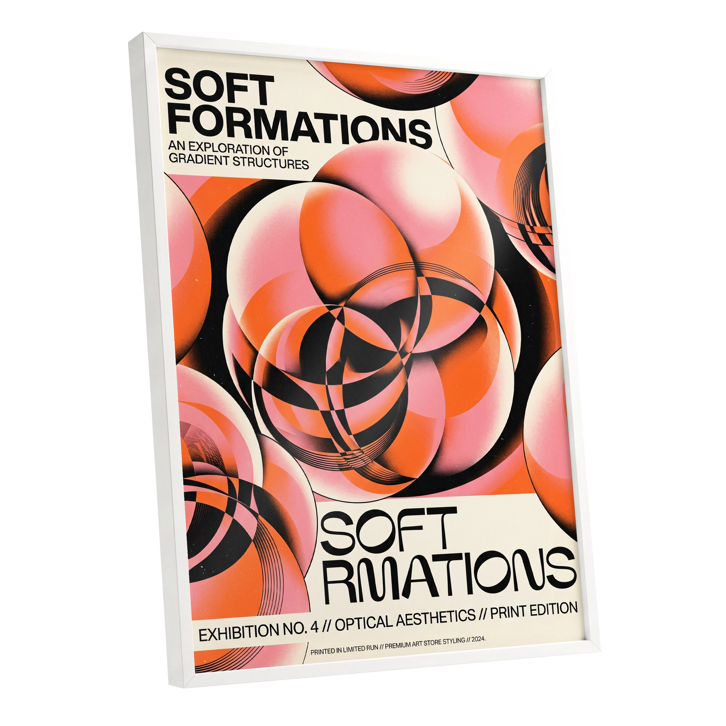 Soft Orbit Forms, pink, orange, black abstract wall art shown as a white framed poster wall art print