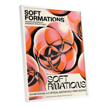 Soft Orbit Forms, pink, orange, black abstract wall art shown as a white framed poster wall art print