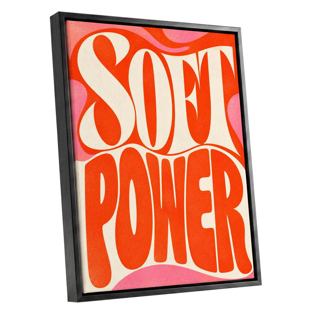 Soft Power Swirl, orange, beige, pink abstract wall art shown as a black framed canvas wall art