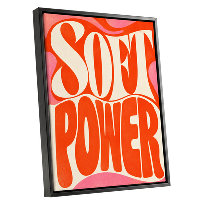 Soft Power Swirl, orange, beige, pink abstract wall art shown as a black framed canvas wall art