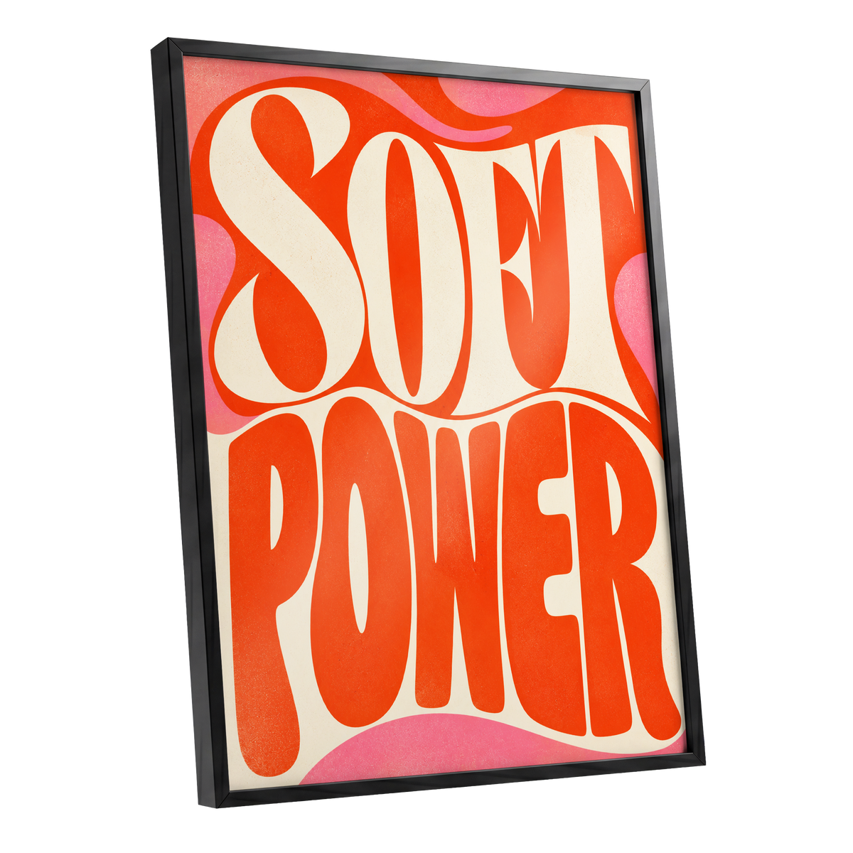 Soft Power Swirl, orange, beige, pink abstract wall art shown as a black framed poster wall art print