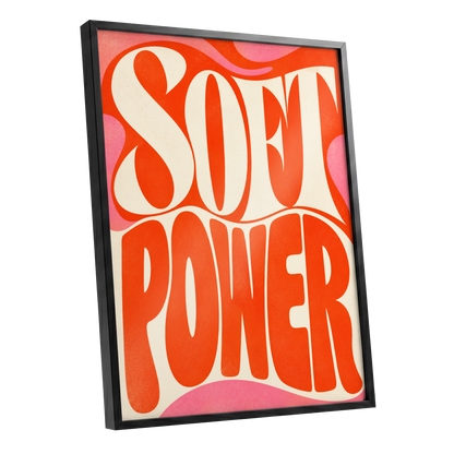 Soft Power Swirl, orange, beige, pink abstract wall art shown as a black framed poster wall art print