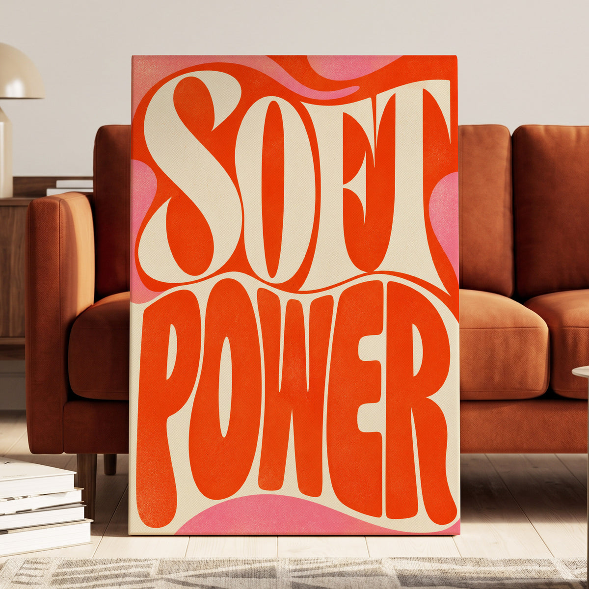 Soft Power Swirl, orange, beige, pink abstract wall art on canvas displayed in a styled interior, gallery view 1