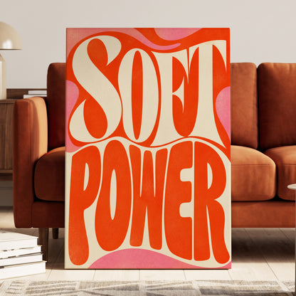 Soft Power Swirl, orange, beige, pink abstract wall art on canvas displayed in a styled interior, gallery view 1