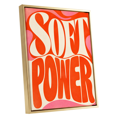 Soft Power Swirl, orange, beige, pink abstract wall art shown as a gold framed canvas wall art