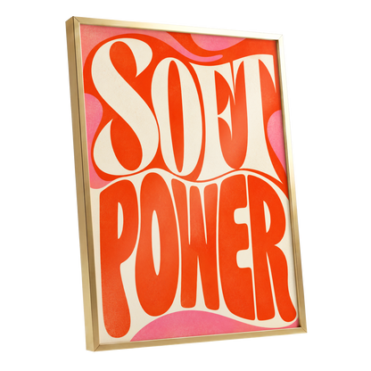 Soft Power Swirl, orange, beige, pink abstract wall art shown as a gold framed poster wall art print