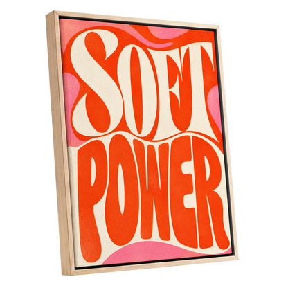 Soft Power Swirl, orange, beige, pink abstract wall art shown as a oak framed canvas wall art