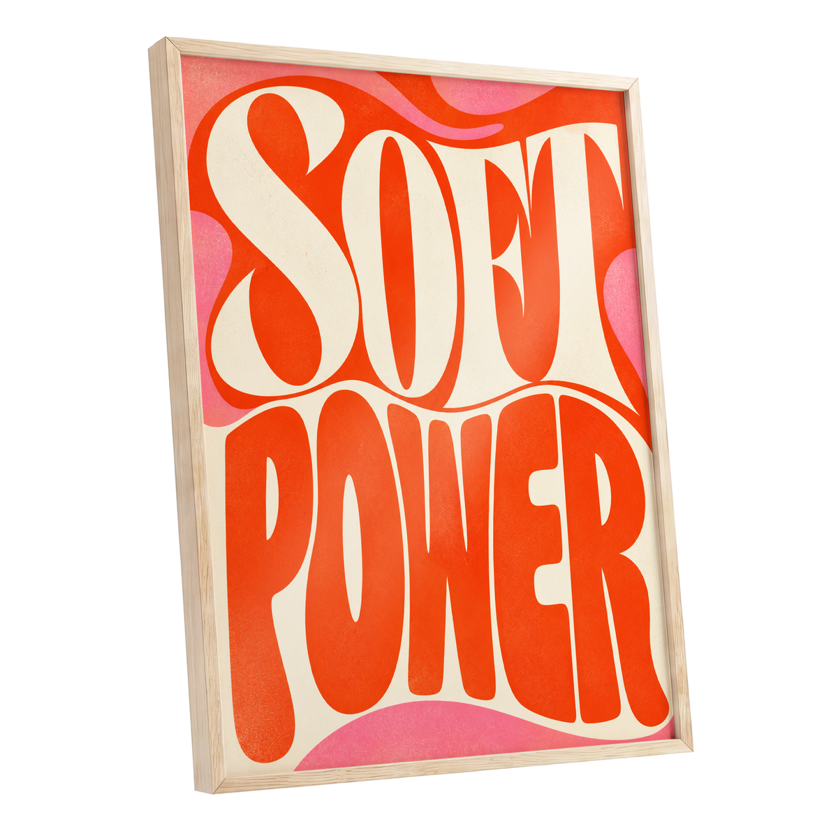 Soft Power Swirl, orange, beige, pink abstract wall art shown as a oak framed poster wall art print