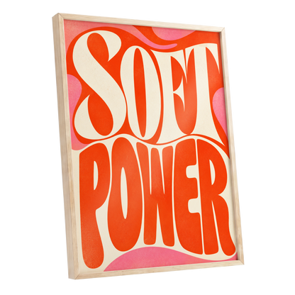 Soft Power Swirl, orange, beige, pink abstract wall art shown as a oak framed poster wall art print