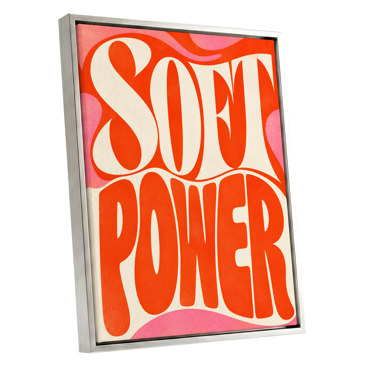 Soft Power Swirl, orange, beige, pink abstract wall art shown as a silver framed canvas wall art