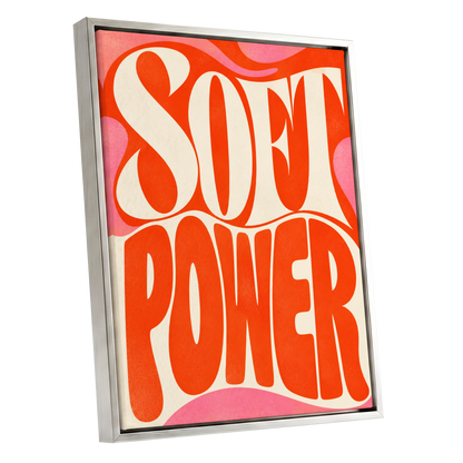 Soft Power Swirl, orange, beige, pink abstract wall art shown as a silver framed canvas wall art