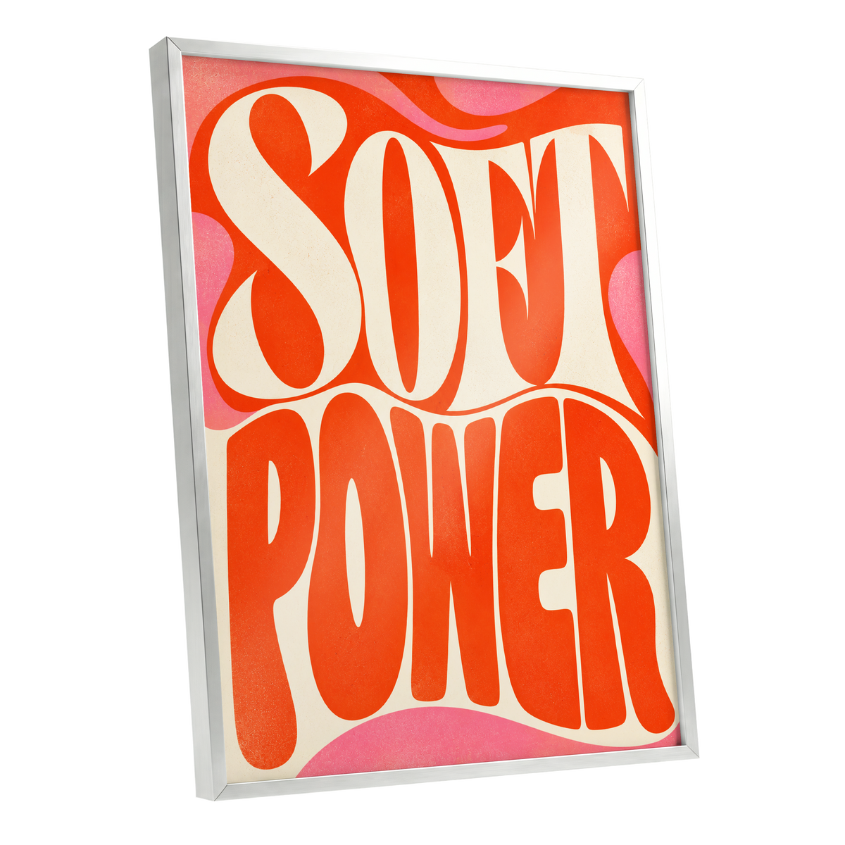 Soft Power Swirl, orange, beige, pink abstract wall art shown as a silver framed poster wall art print