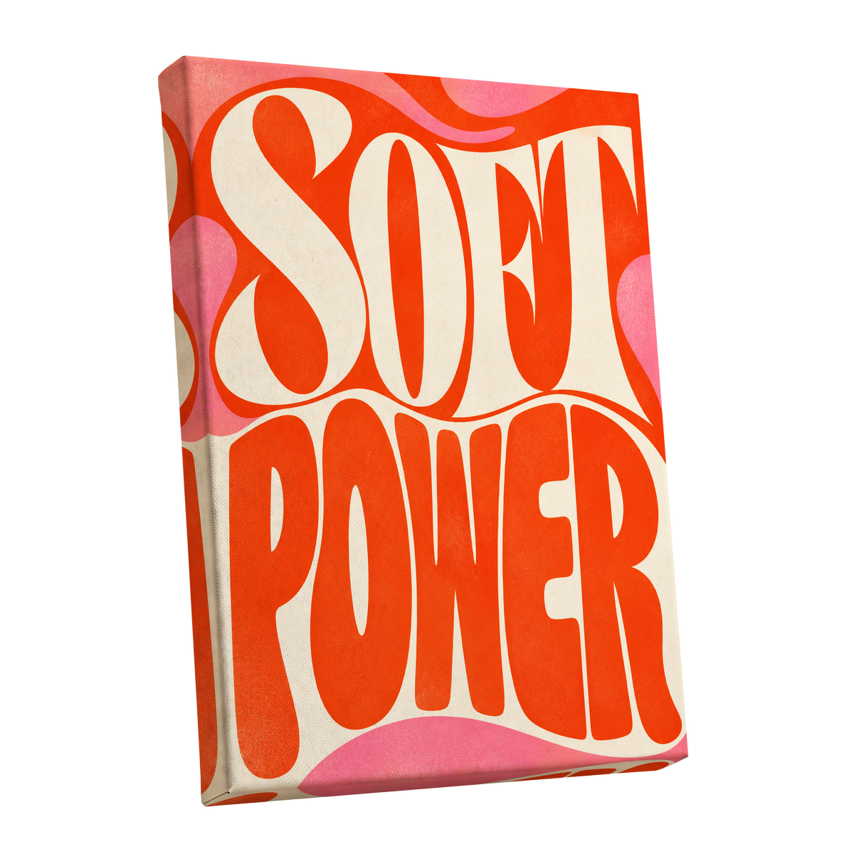 Soft Power Swirl, orange, beige, pink abstract wall art shown as a stretched canvas wall art