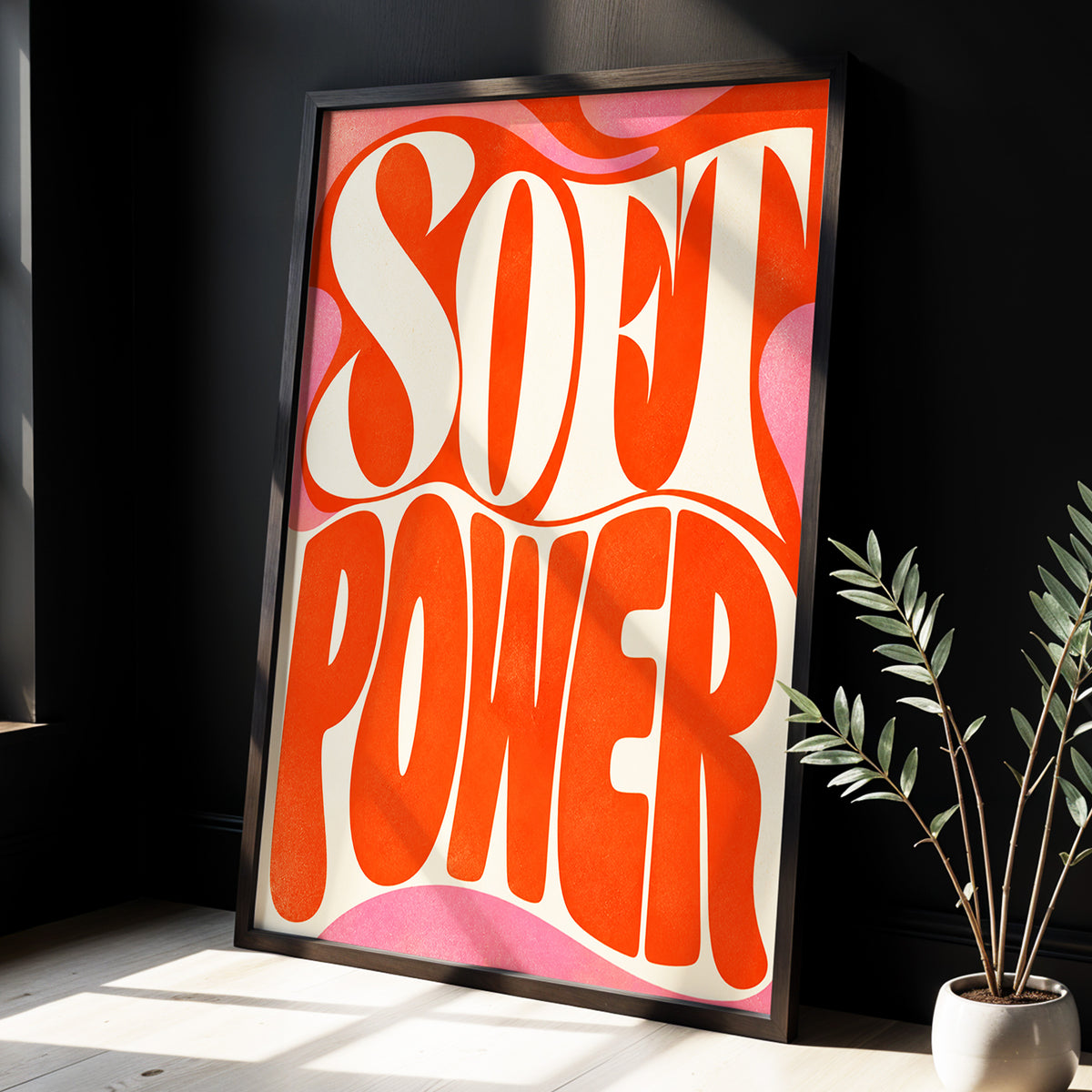 Soft Power Swirl, orange, beige, pink abstract wall art displayed in a styled interior, gallery view 1