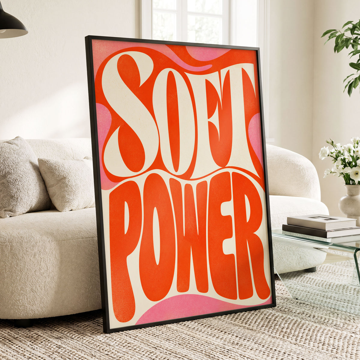 Soft Power Swirl, orange, beige, pink abstract wall art displayed in a styled interior, gallery view 3