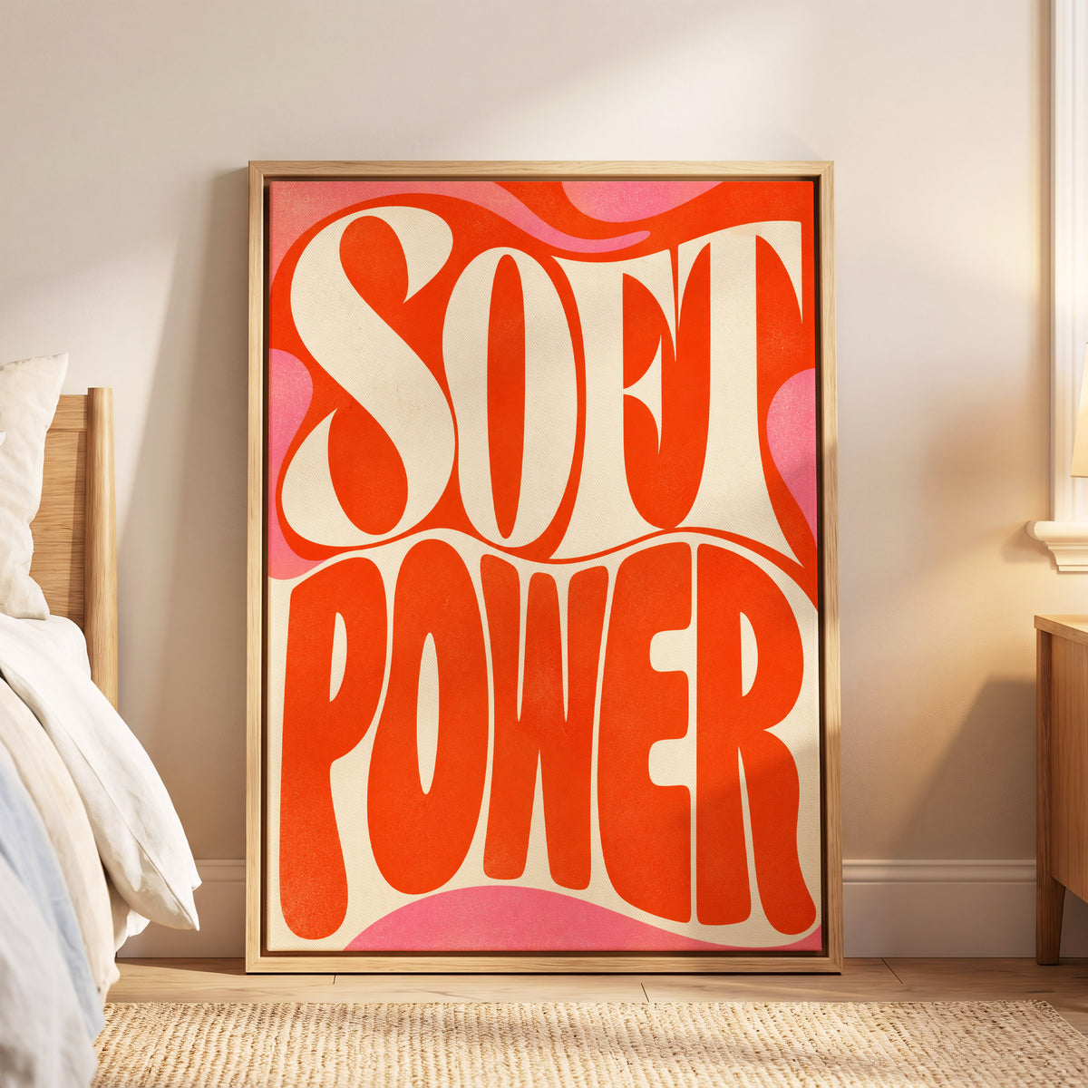 Soft Power Swirl, orange, beige, pink abstract wall art displayed in a styled interior, gallery view 6