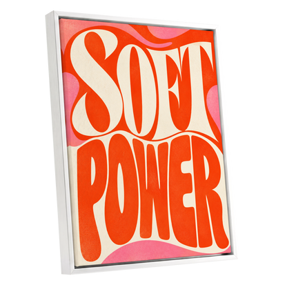 Soft Power Swirl, orange, beige, pink abstract wall art shown as a white framed canvas wall art