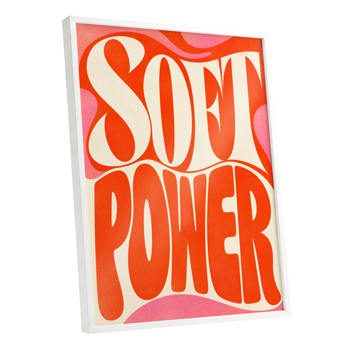 Soft Power Swirl, orange, beige, pink abstract wall art shown as a white framed poster wall art print