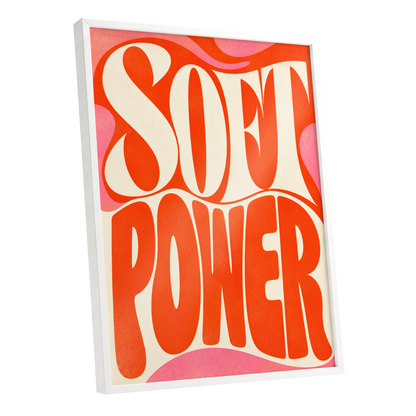 Soft Power Swirl, orange, beige, pink abstract wall art shown as a white framed poster wall art print