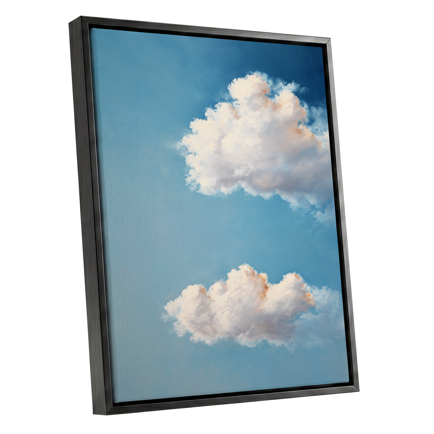 Soft Skies, Slow Clouds, blue, white, gray nature wall art shown as a black framed canvas wall art