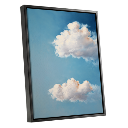 Soft Skies, Slow Clouds, blue, white, gray nature wall art shown as a black framed canvas wall art