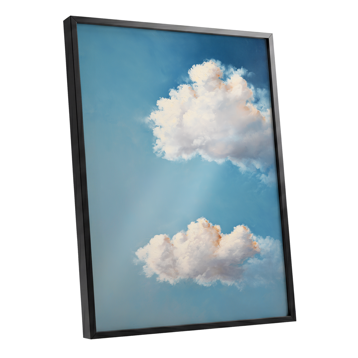 Soft Skies, Slow Clouds, blue, white, gray nature wall art shown as a black framed poster wall art print
