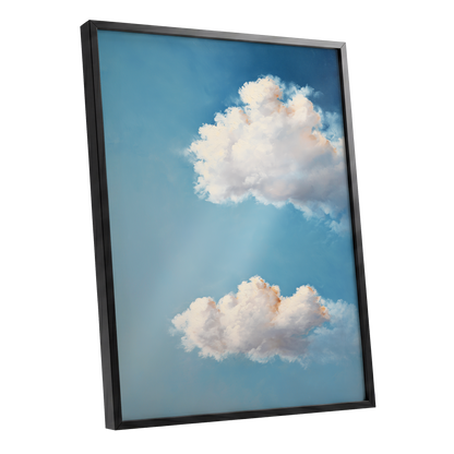 Soft Skies, Slow Clouds, blue, white, gray nature wall art shown as a black framed poster wall art print