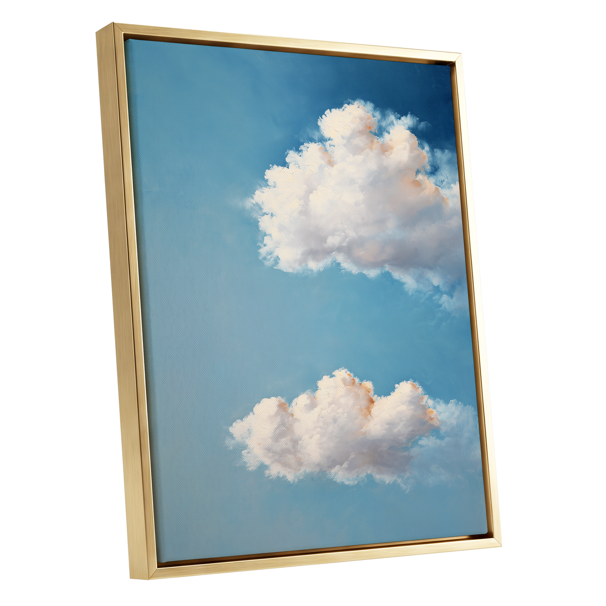 Soft Skies, Slow Clouds, blue, white, gray nature wall art shown as a gold framed canvas wall art