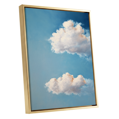 Soft Skies, Slow Clouds, blue, white, gray nature wall art shown as a gold framed canvas wall art