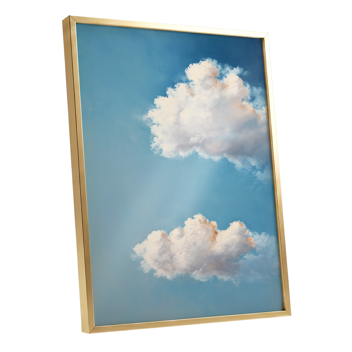 Soft Skies, Slow Clouds, blue, white, gray nature wall art shown as a gold framed poster wall art print