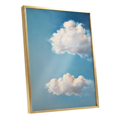 Soft Skies, Slow Clouds, blue, white, gray nature wall art shown as a gold framed poster wall art print