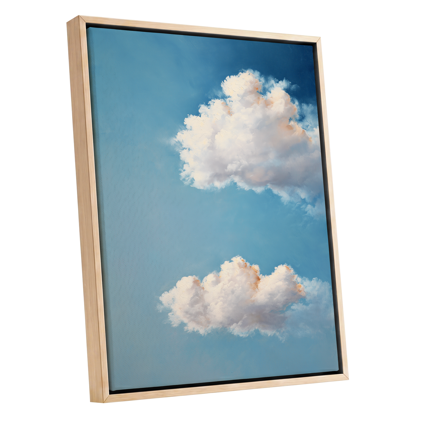 Soft Skies, Slow Clouds, blue, white, gray nature wall art shown as a oak framed canvas wall art