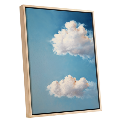 Soft Skies, Slow Clouds, blue, white, gray nature wall art shown as a oak framed canvas wall art