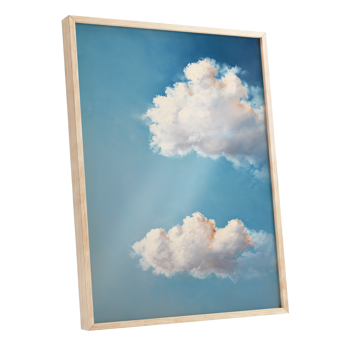 Soft Skies, Slow Clouds, blue, white, gray nature wall art shown as a oak framed poster wall art print
