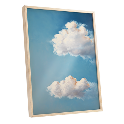 Soft Skies, Slow Clouds, blue, white, gray nature wall art shown as a oak framed poster wall art print