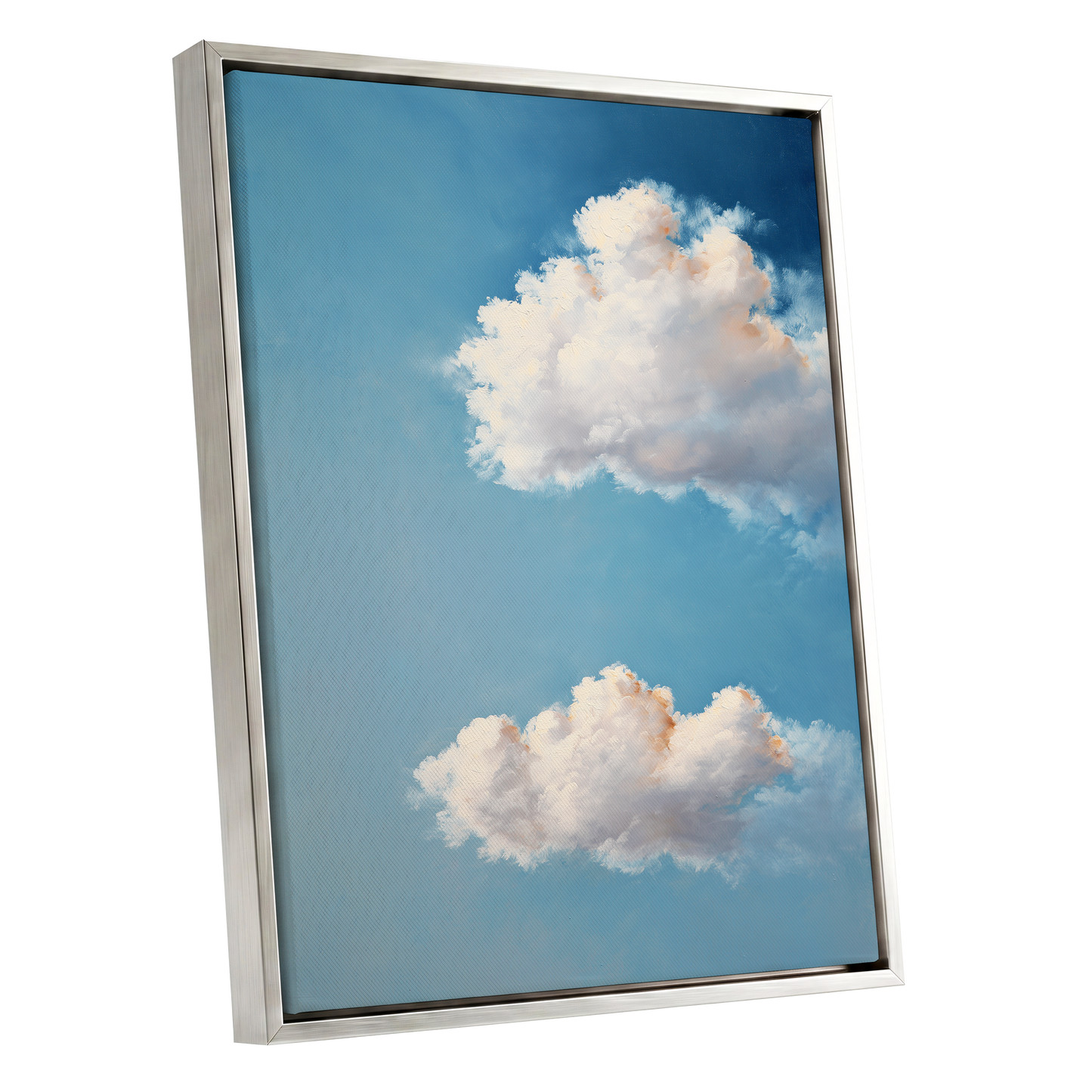 Soft Skies, Slow Clouds, blue, white, gray nature wall art shown as a silver framed canvas wall art