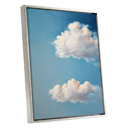 Soft Skies, Slow Clouds, blue, white, gray nature wall art shown as a silver framed canvas wall art