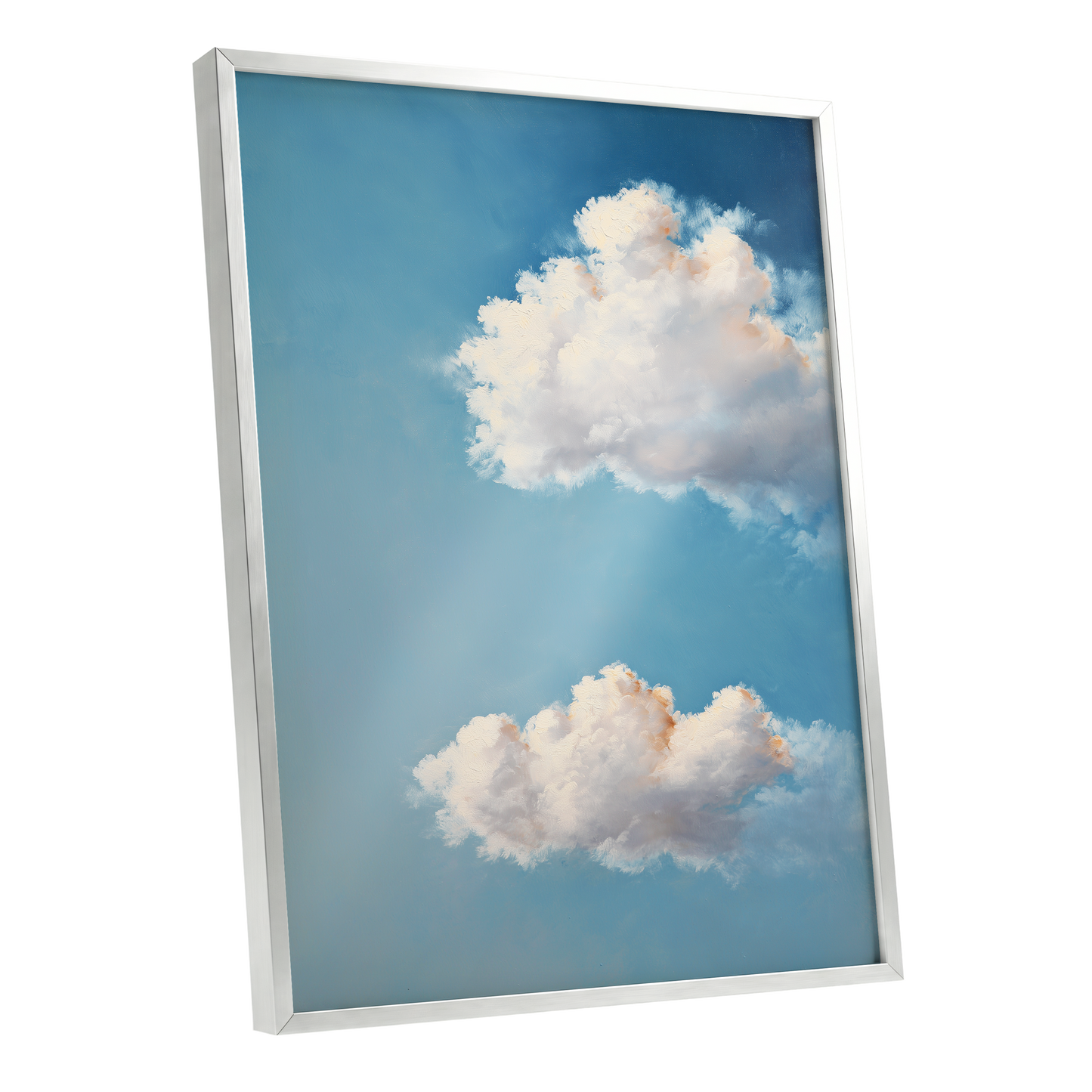 Soft Skies, Slow Clouds, blue, white, gray nature wall art shown as a silver framed poster wall art print
