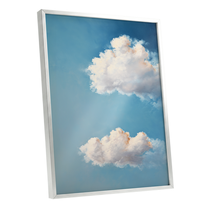 Soft Skies, Slow Clouds, blue, white, gray nature wall art shown as a silver framed poster wall art print