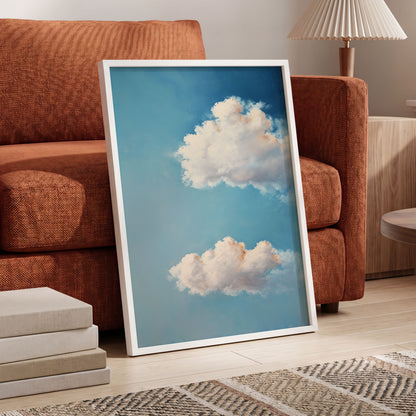 Soft Skies, Slow Clouds, blue, white, gray nature wall art displayed in a styled interior, gallery view 2