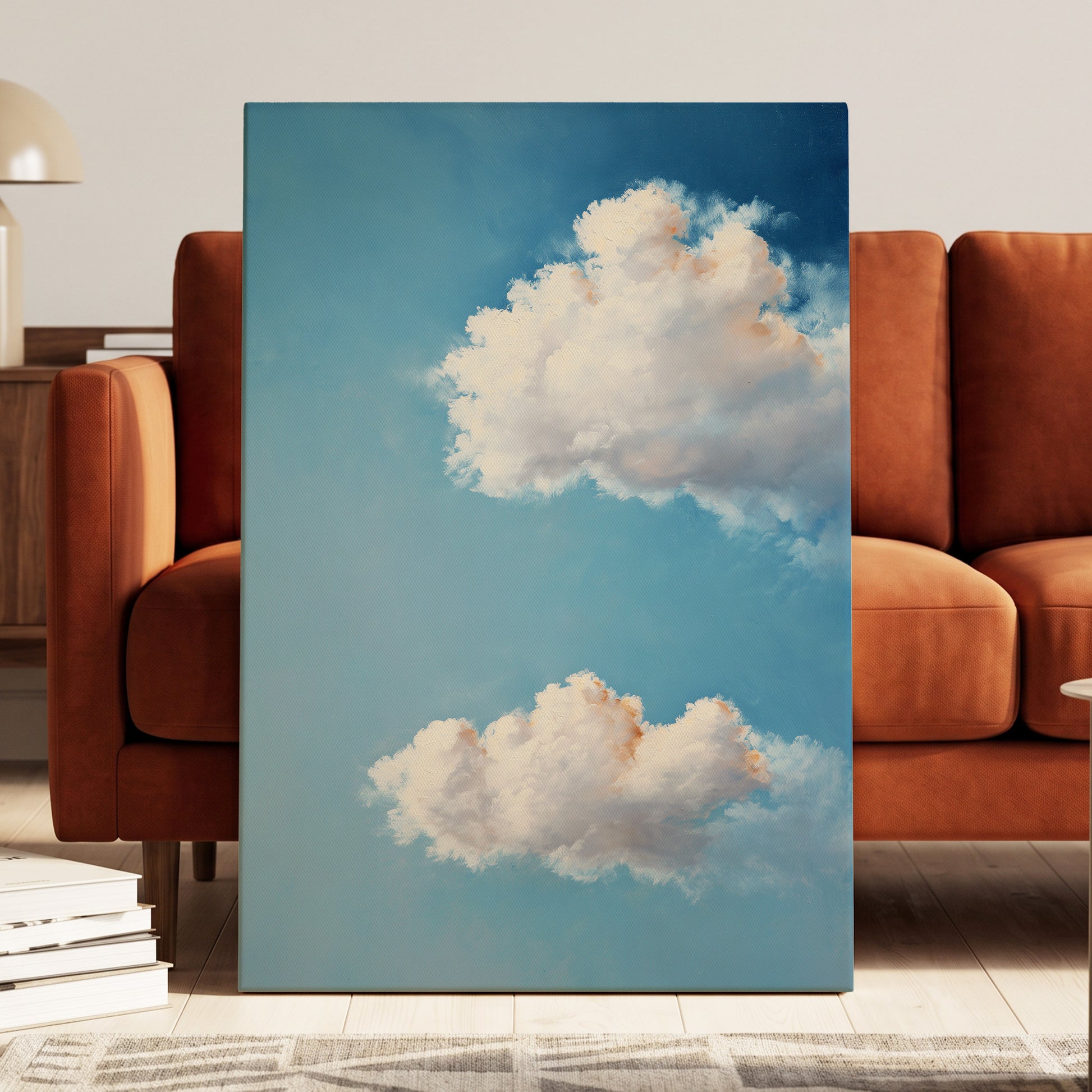 Soft Skies, Slow Clouds, blue, white, gray nature wall art displayed in a styled interior, gallery view 3