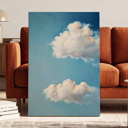 Soft Skies, Slow Clouds, blue, white, gray nature wall art displayed in a styled interior, gallery view 3