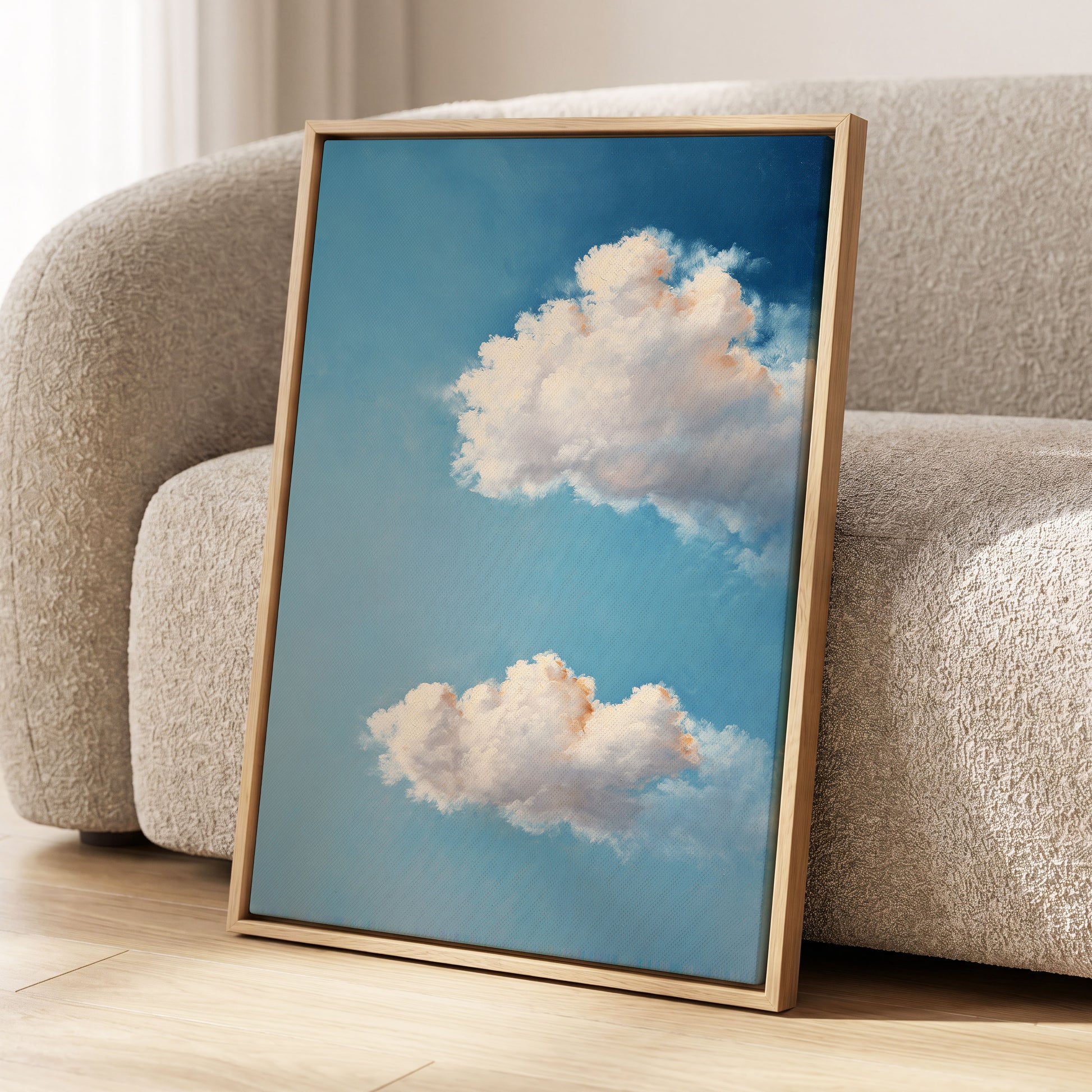 Soft Skies, Slow Clouds, blue, white, gray nature wall art displayed in a styled interior, gallery view 4