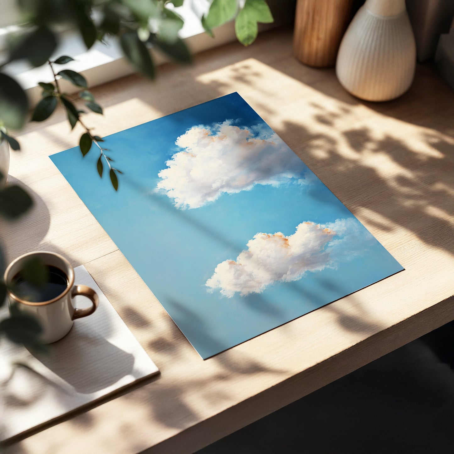 Soft Skies, Slow Clouds, blue, white, gray nature wall art displayed in a styled interior, gallery view 5