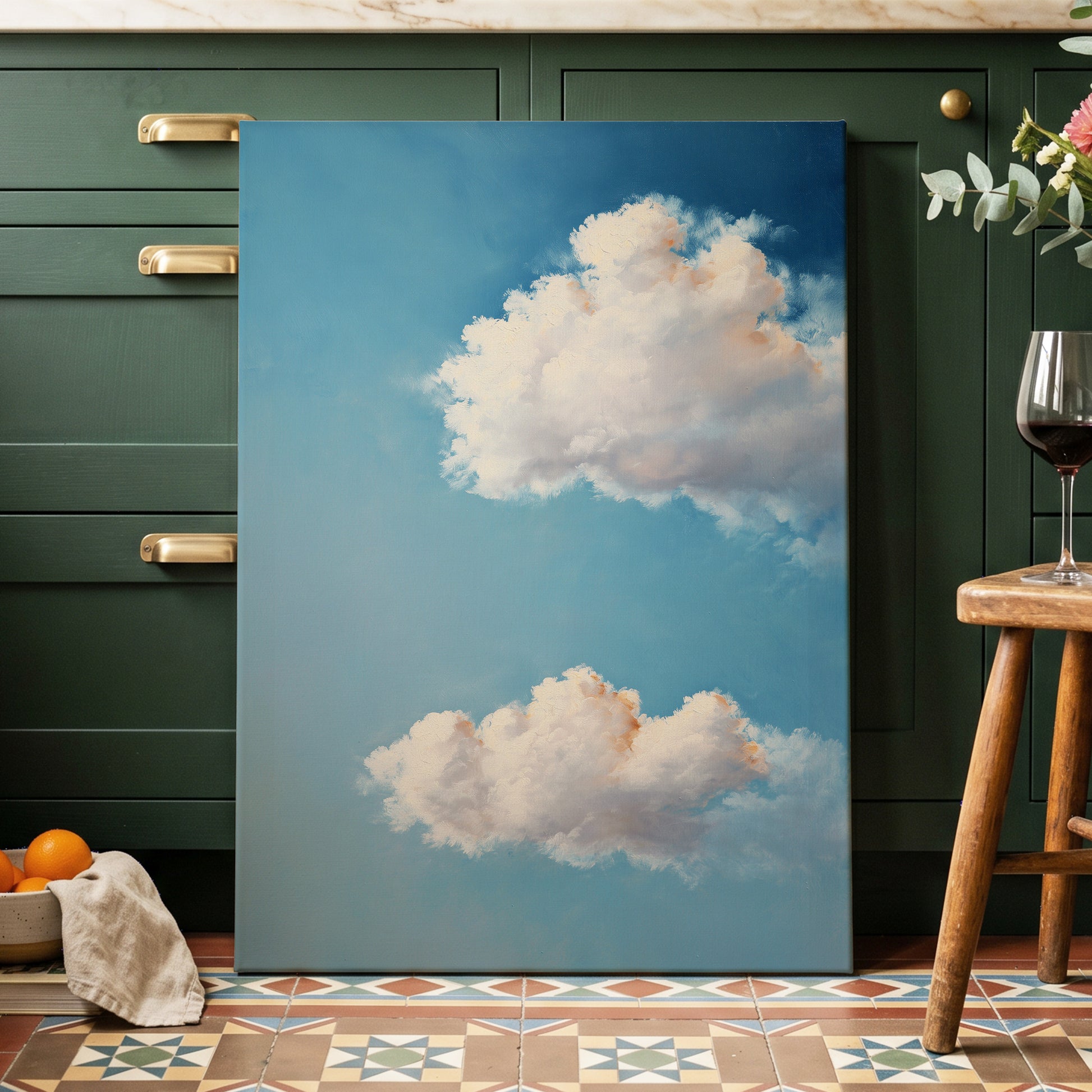Soft Skies, Slow Clouds, blue, white, gray nature wall art displayed in a styled interior, gallery view 7